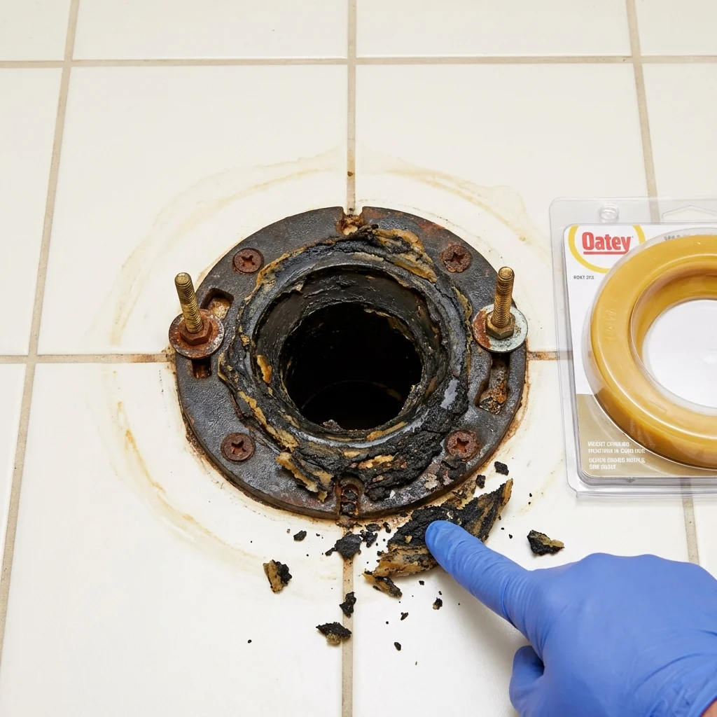 Failed wax ring showing water seepage at the base of a toilet in a Breckenridge, MN home