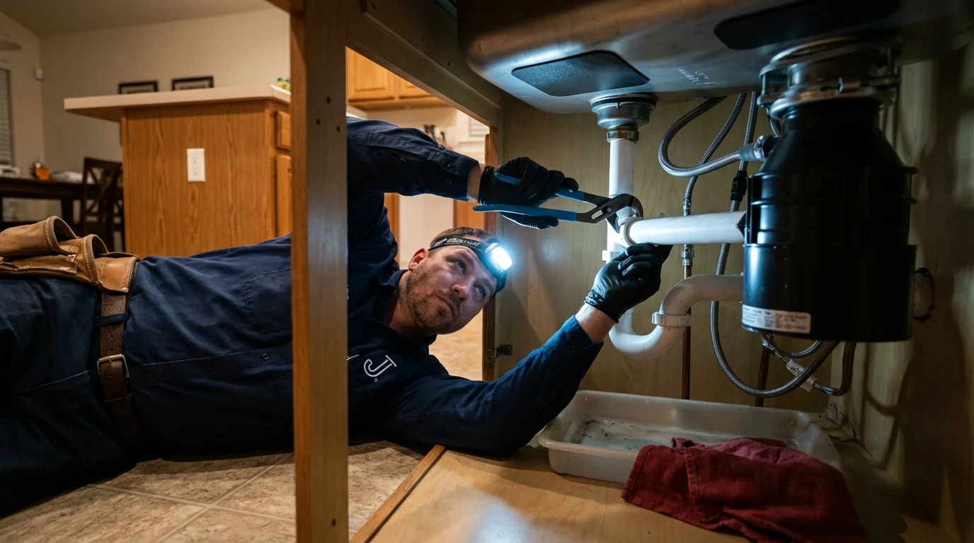 P-trap and supply line connections under a kitchen sink showing a common leak point in Breckenridge, MN